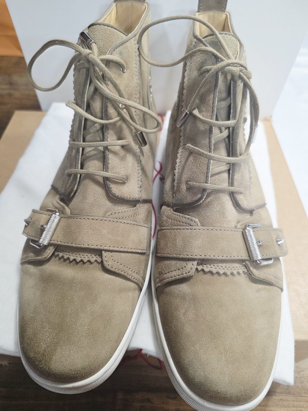 Christian Louboutin Men's Taupe Suede Lace-Up Sneakers with Buckle Strap